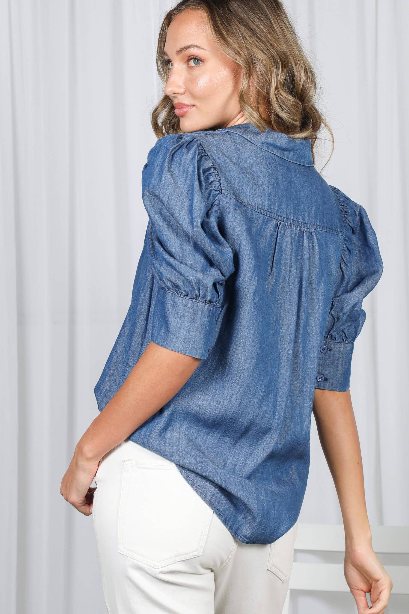 Collared Puff-Sleeve 100%Tencel Chambray Denim Shirt