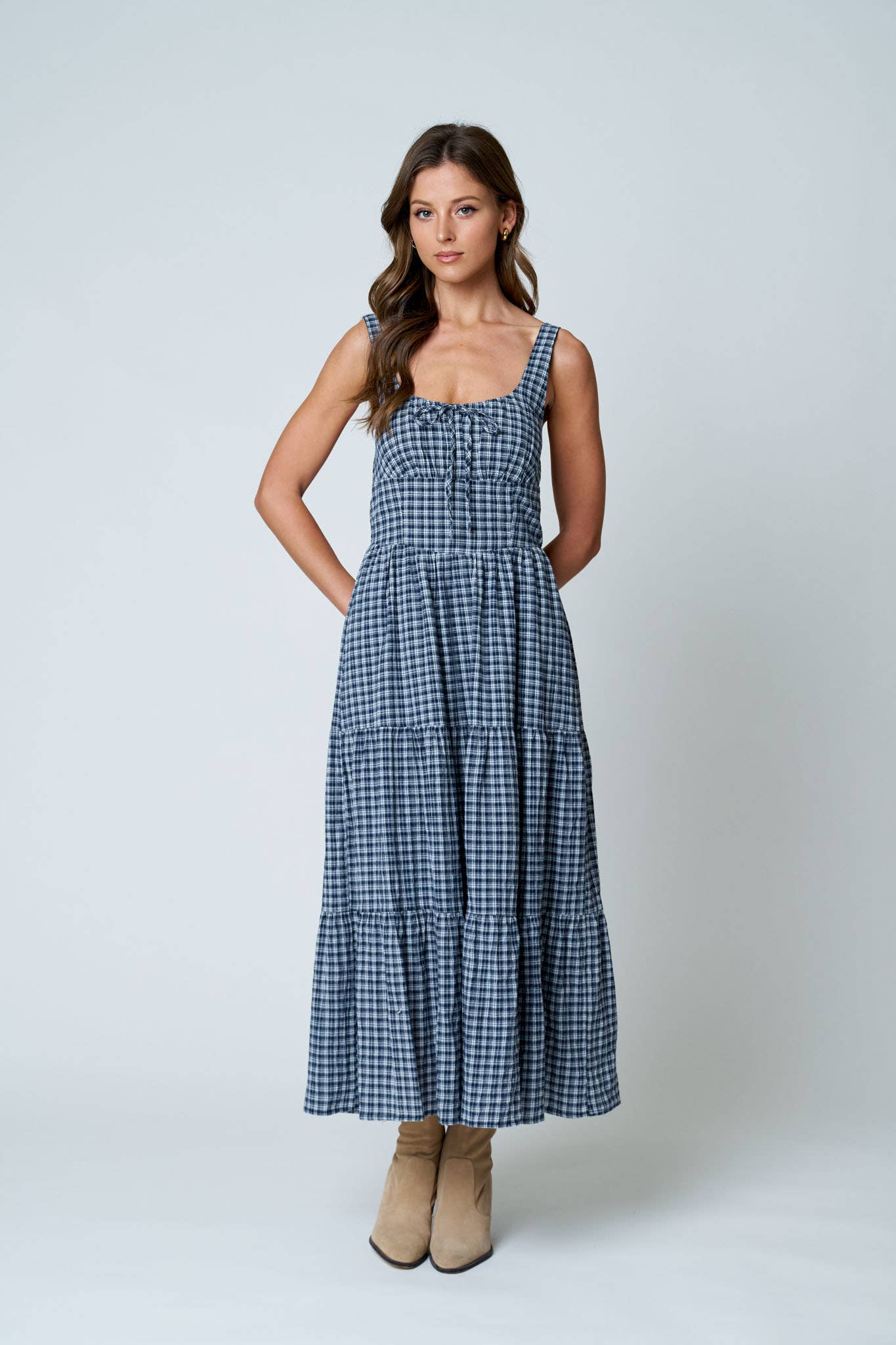 Navy Plaid Corset Tiered Midi Dress