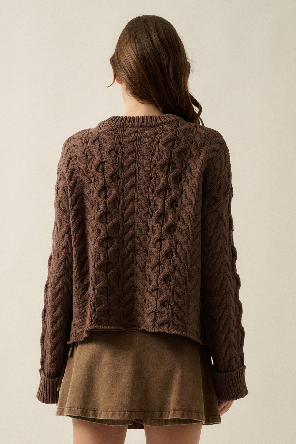 Cable-Knit Half-Zip Cuffed Drop-Shoulder Sweater