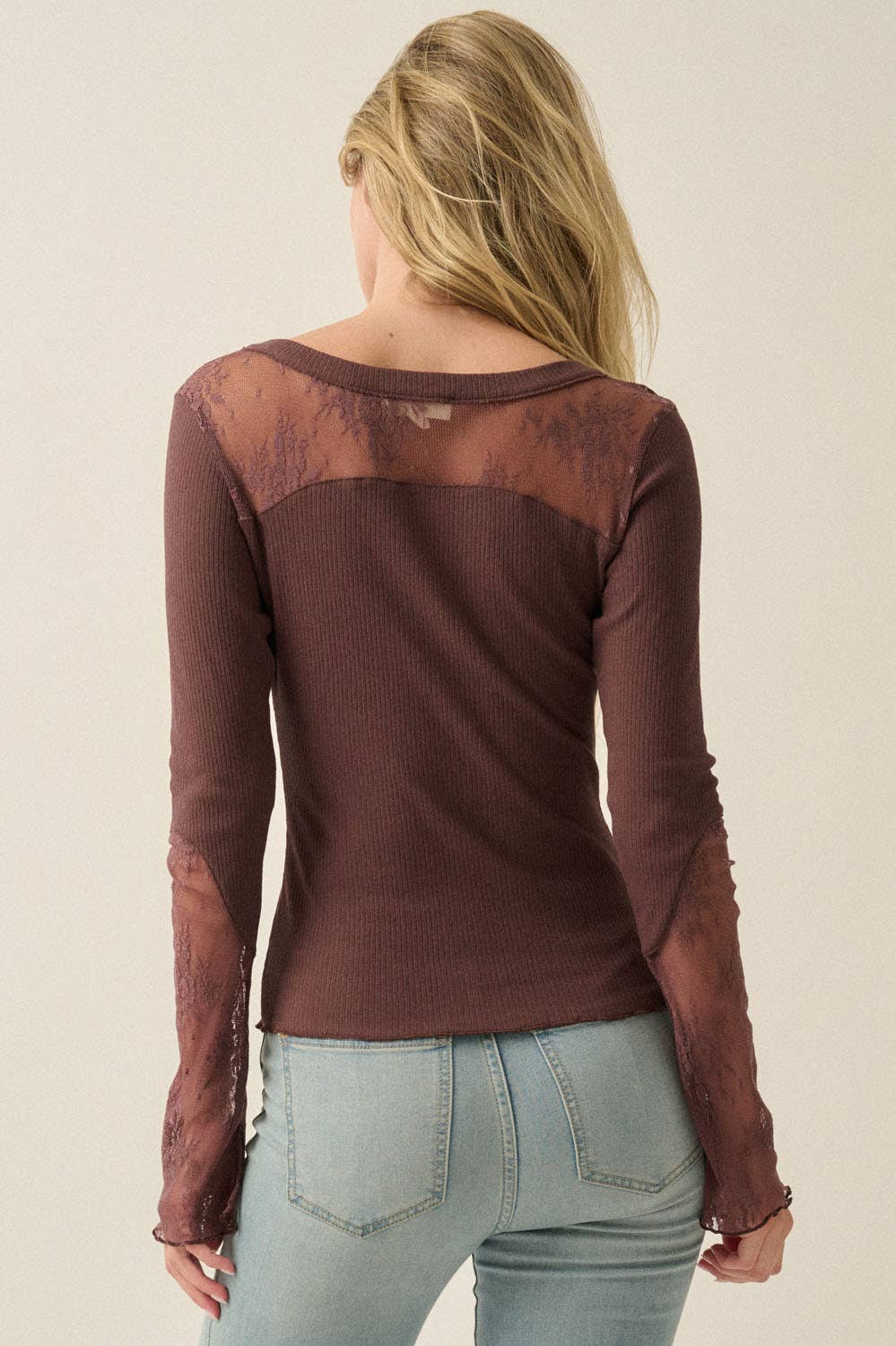 Ribbed Knit and Lace Long-Sleeve Split-Cuff Henley Top: Chocolate