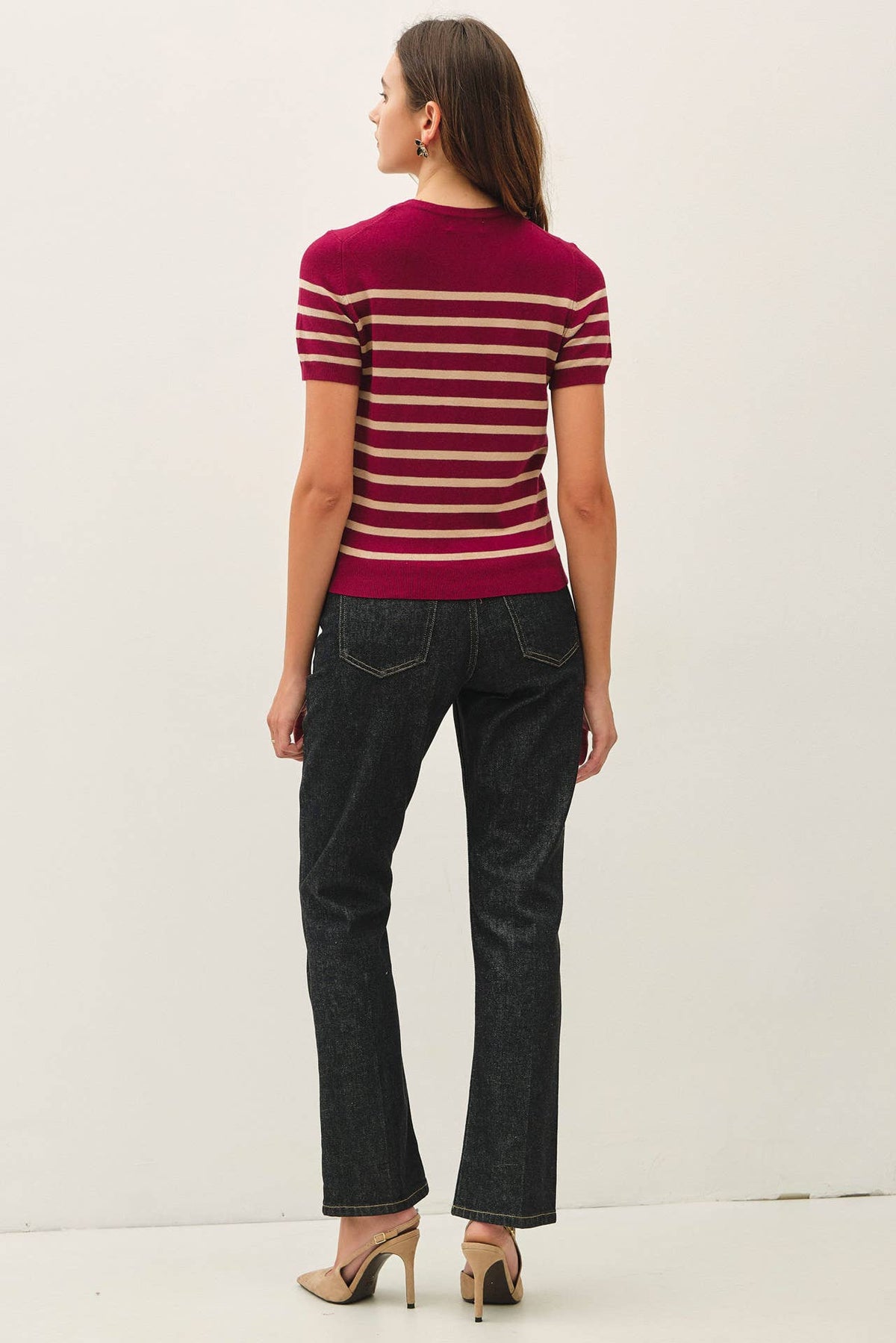 Striped Classic Cut Sweater Top-Wine