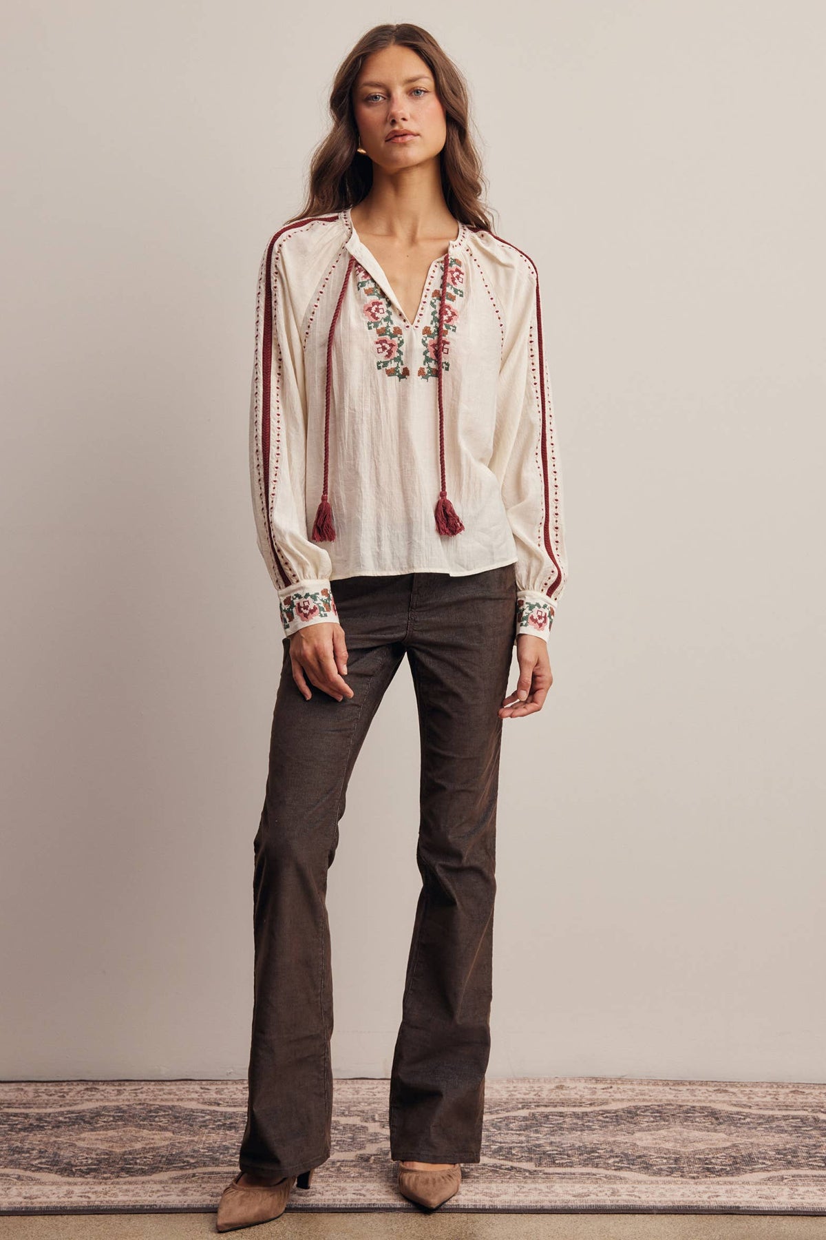 Floral Embroidered Tassel Tie Blouse