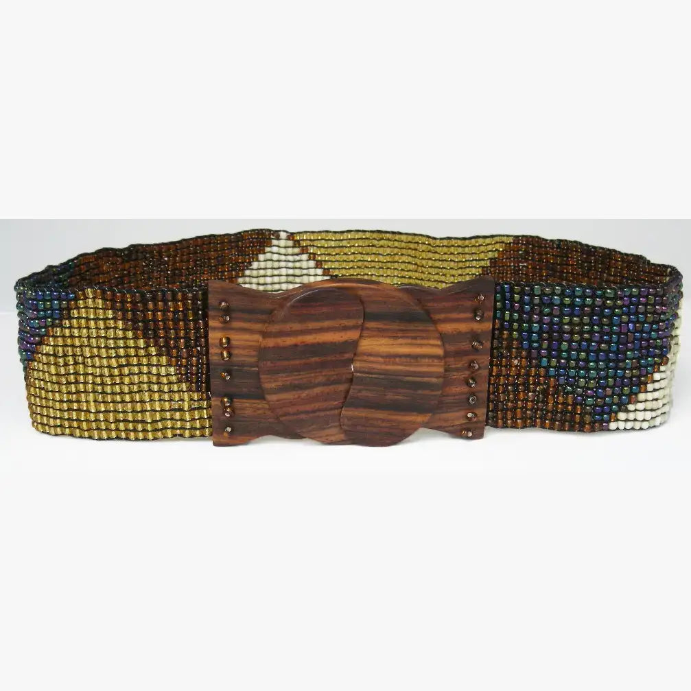 Glass beaded belt wood scroll triangles Hand Loomed in brown