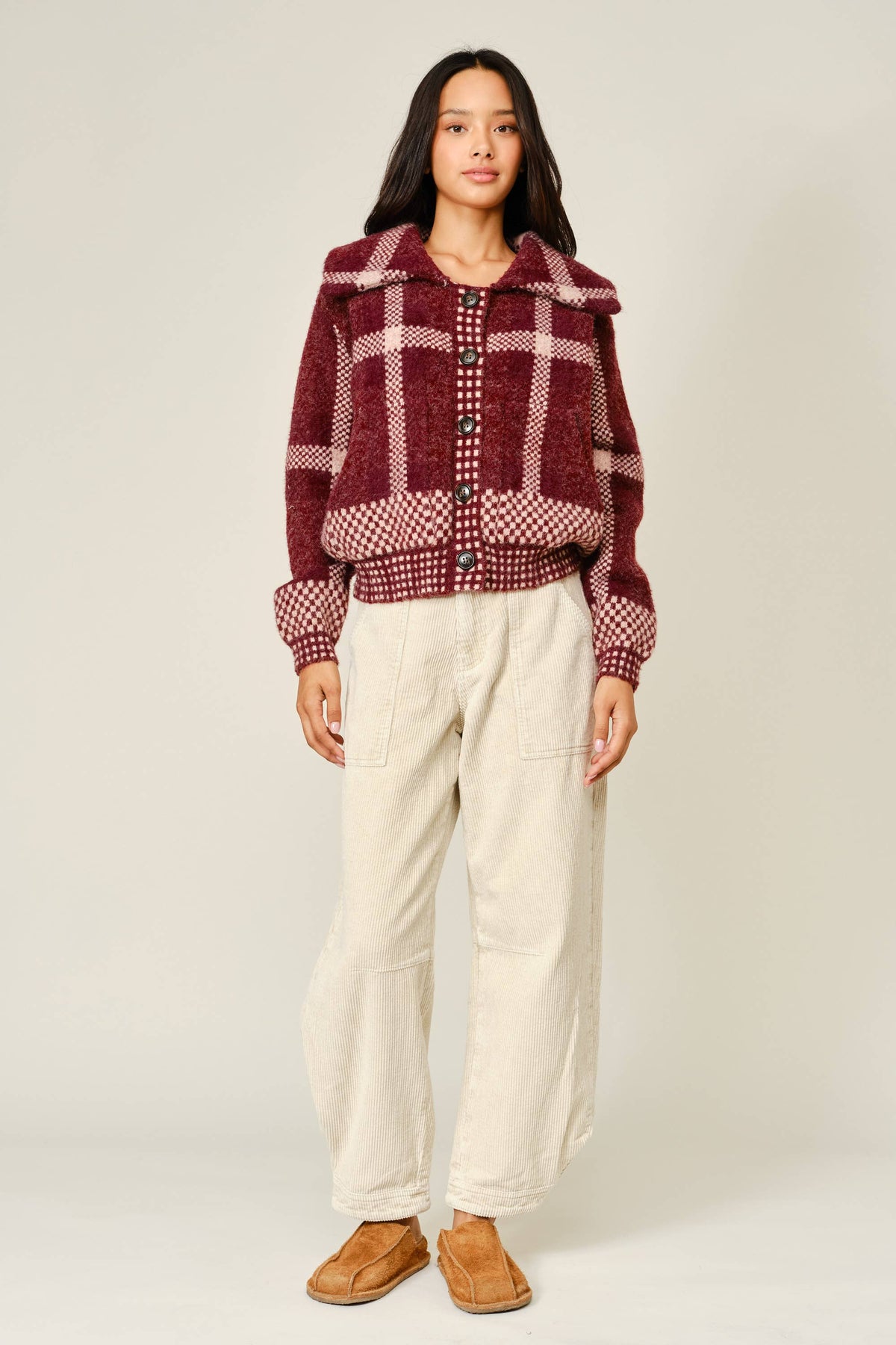 Wine Plaid Button Down Jacket