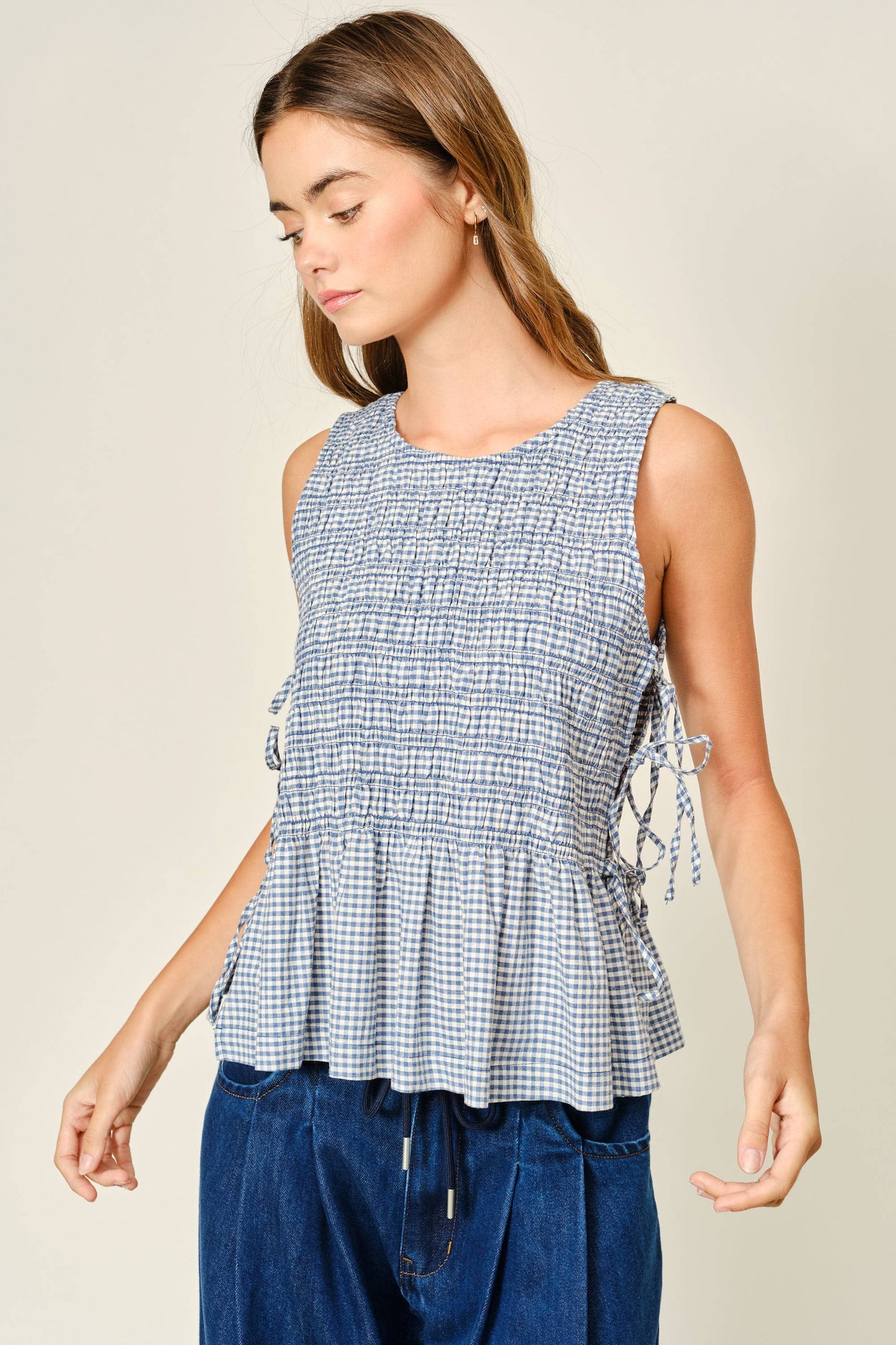 Sleeveless Denim Smocked Tie Top