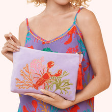 Load image into Gallery viewer, Lobster Velvet Embroidered Zip Pouch Powder Design