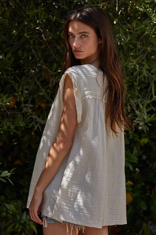 Woven Cotton Polyester V-Neck Tie Strap Top
