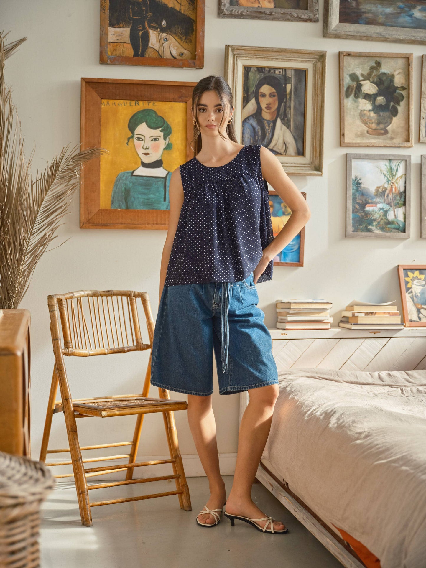 Navy Shirred Babydoll Flare Top