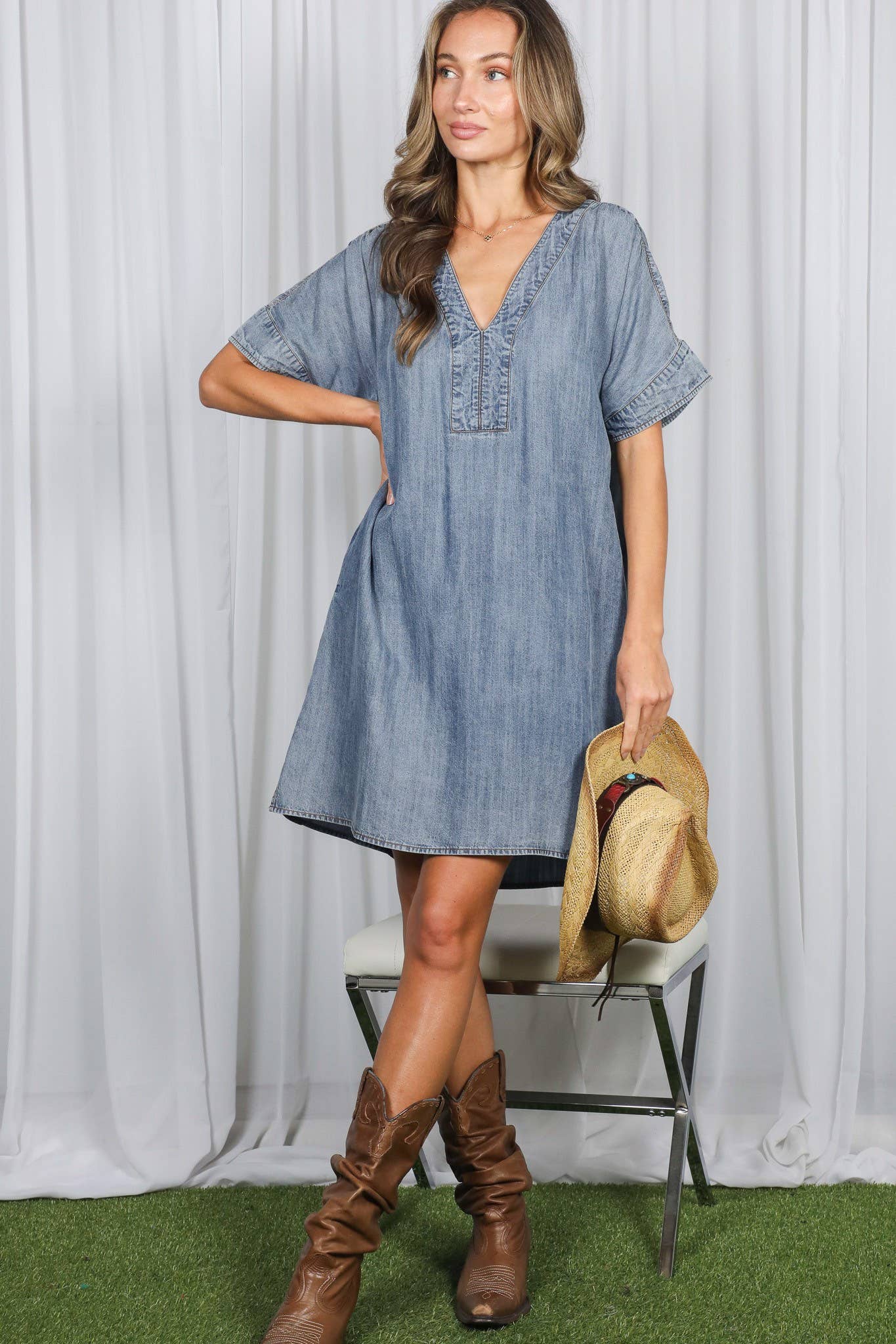 V-Neck Chambray Casual Loose Denim Dress