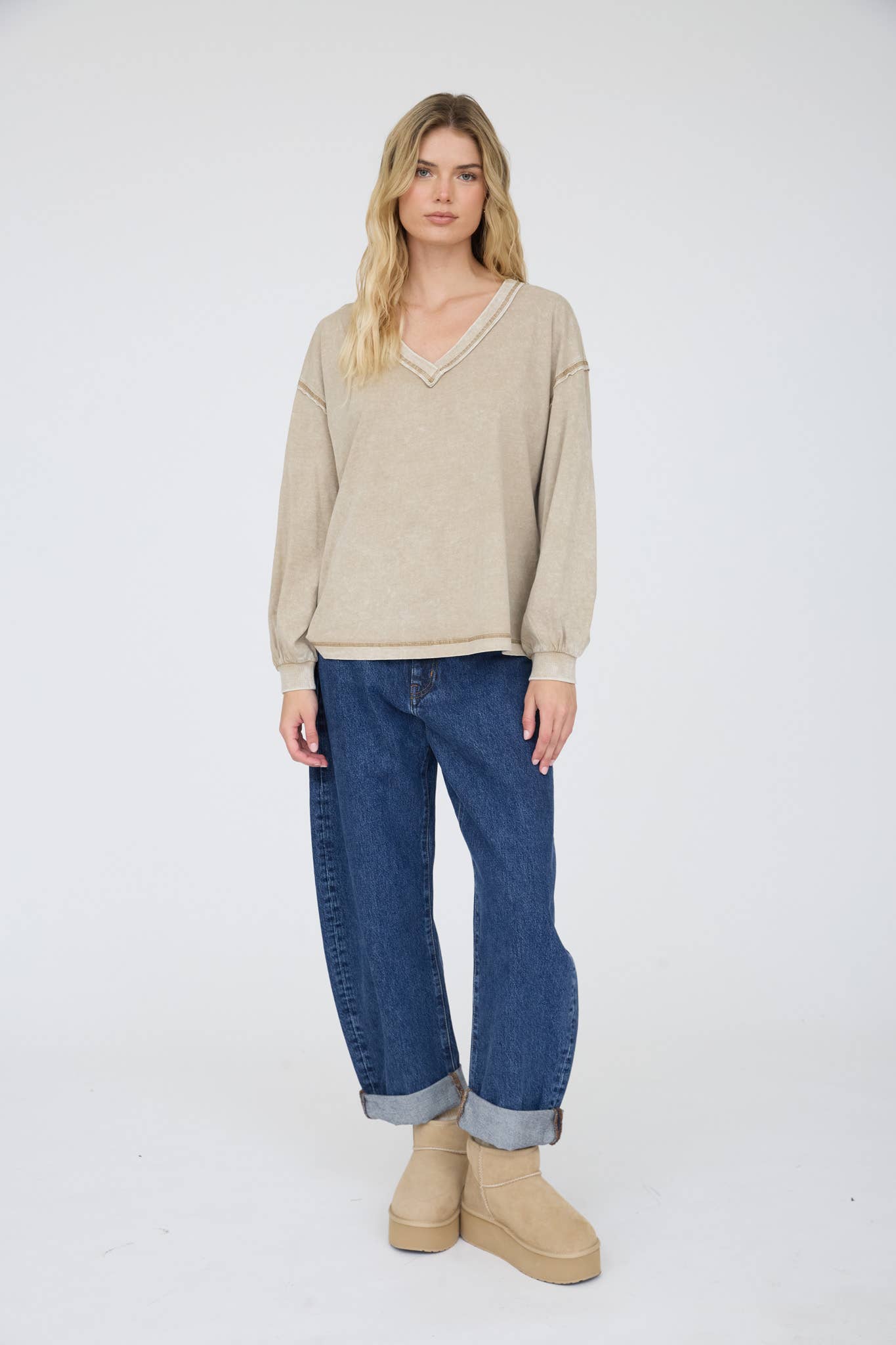 Reverse Seam Detail Long Sleeve V Neck Sweatshirt