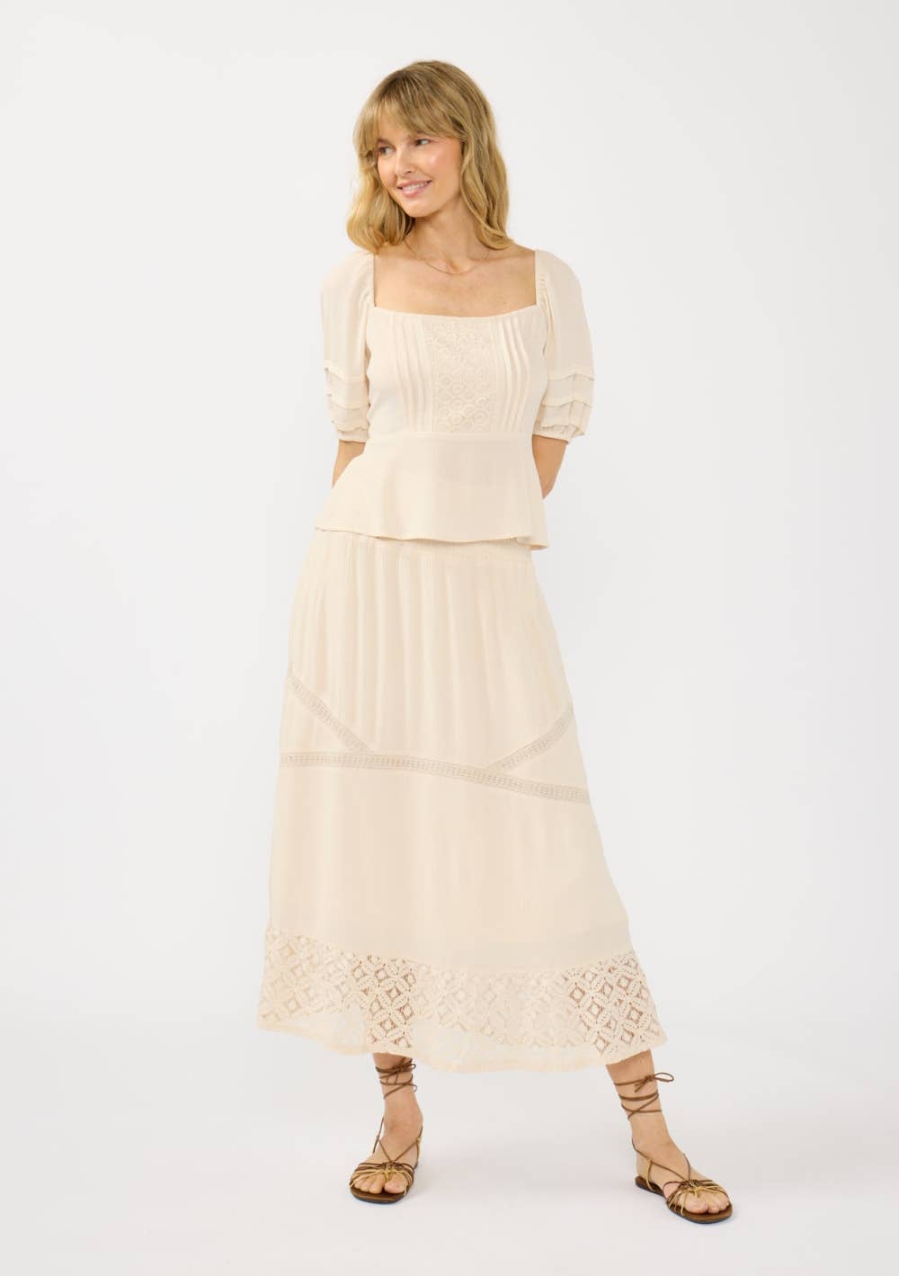 Smocked Waist Lace Trim Midi Skirt