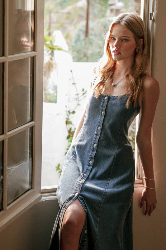 Denim Midi Sweetheart Dress