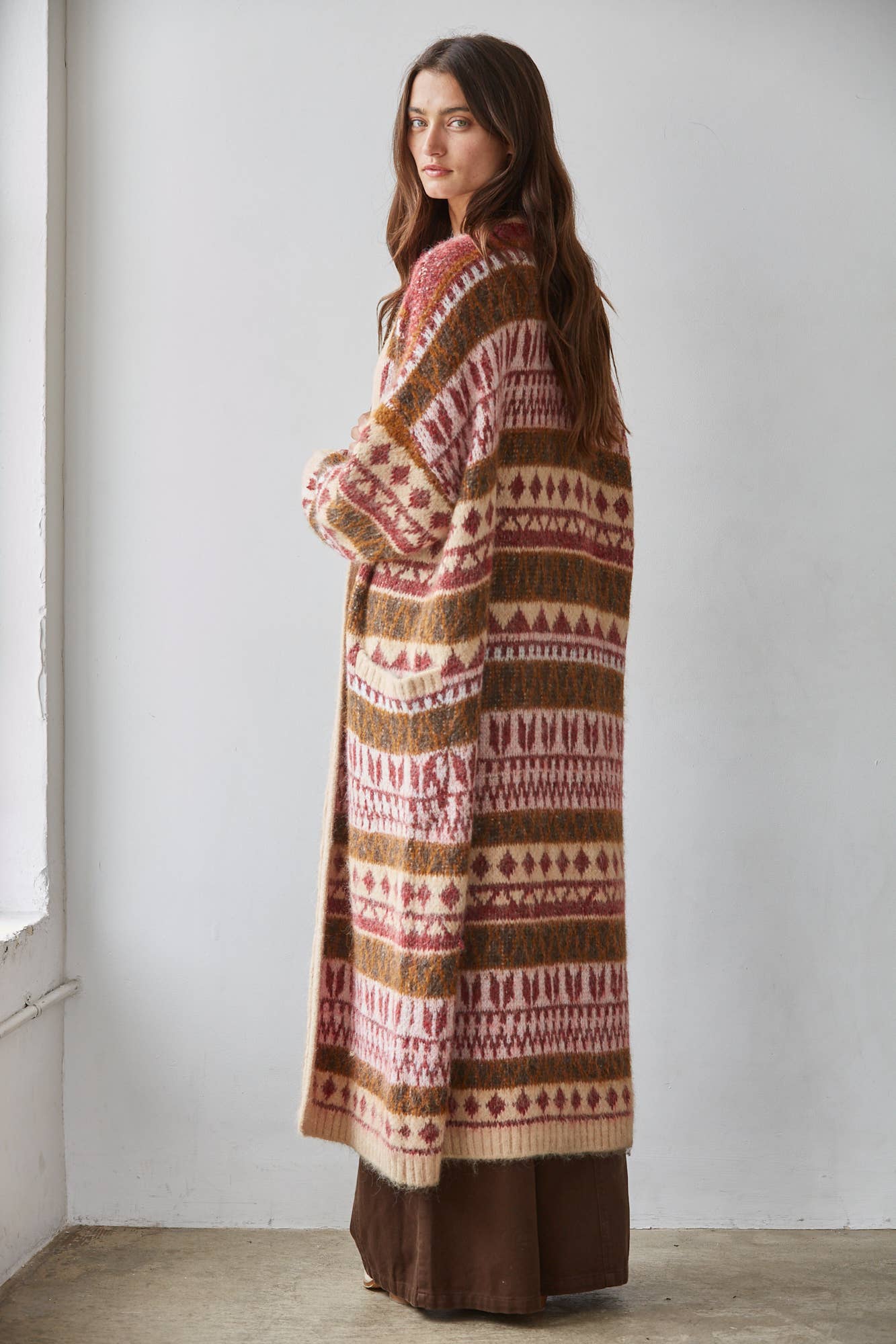 Knit Sweater Open Front Long Sleeve Printed Cardigan