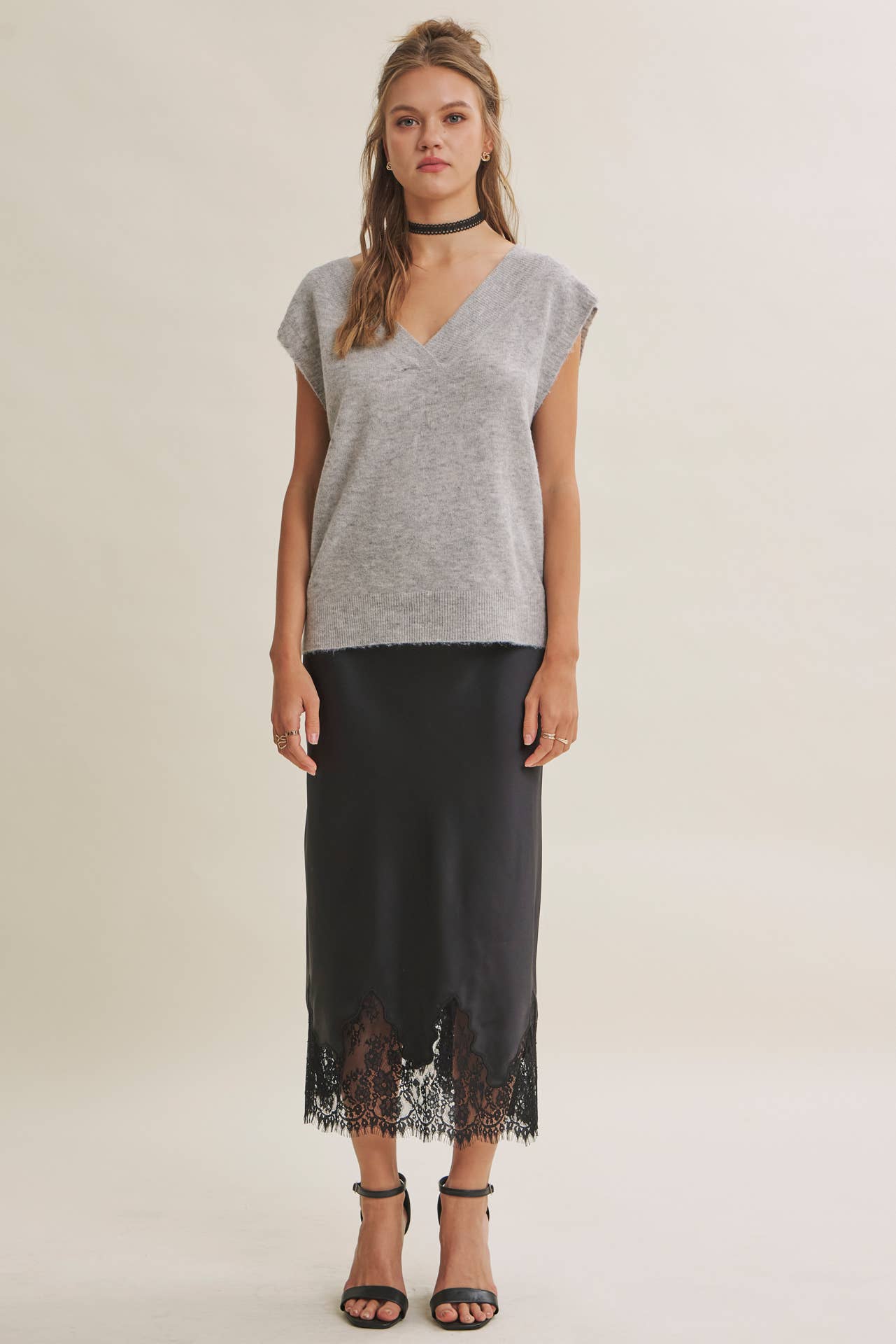 French Lace Satin Midi Skirt