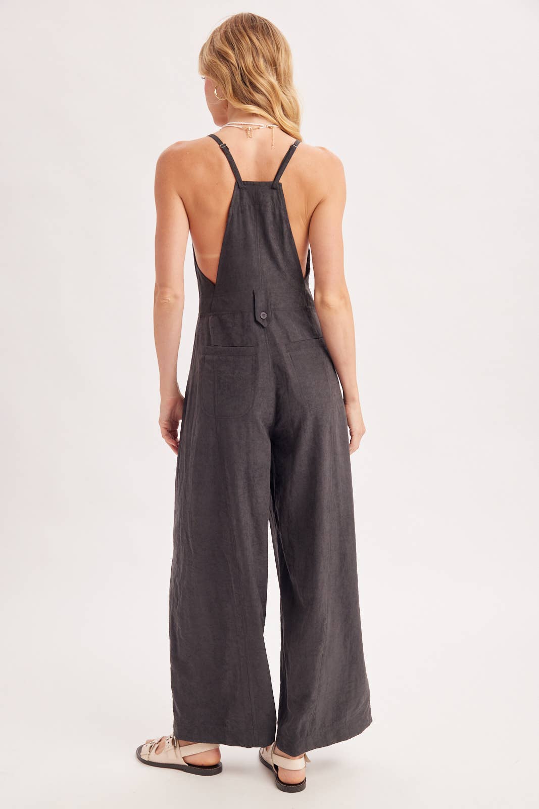 Button Down Apron Style Sleeveless Wide Leg Jumpsuit