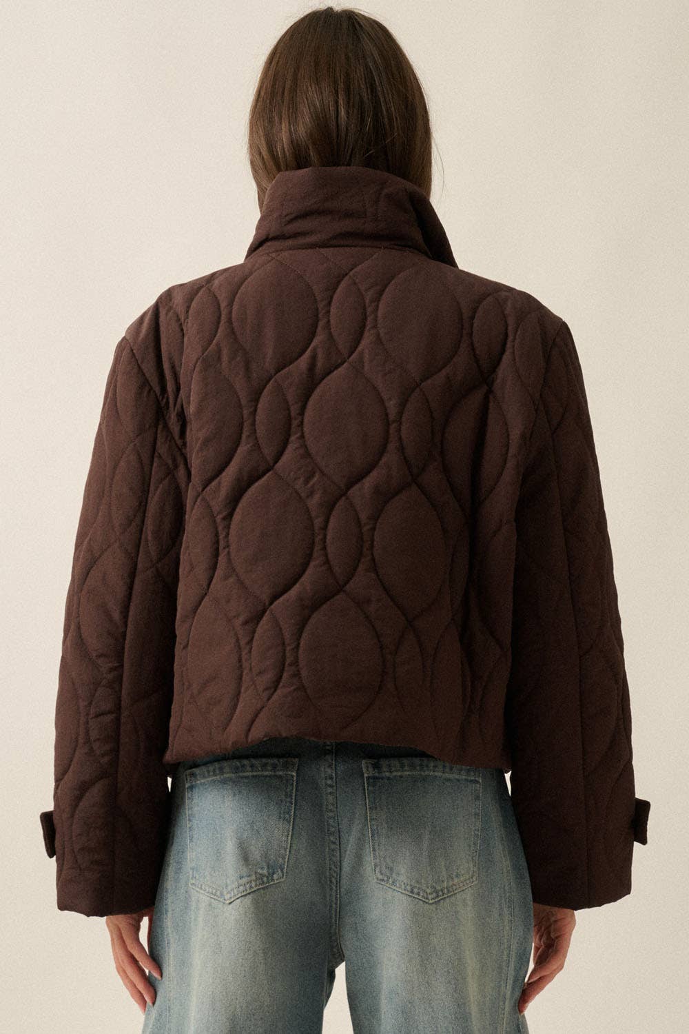 Solid Quilted High-Collar Button-Front Cropped Jacket