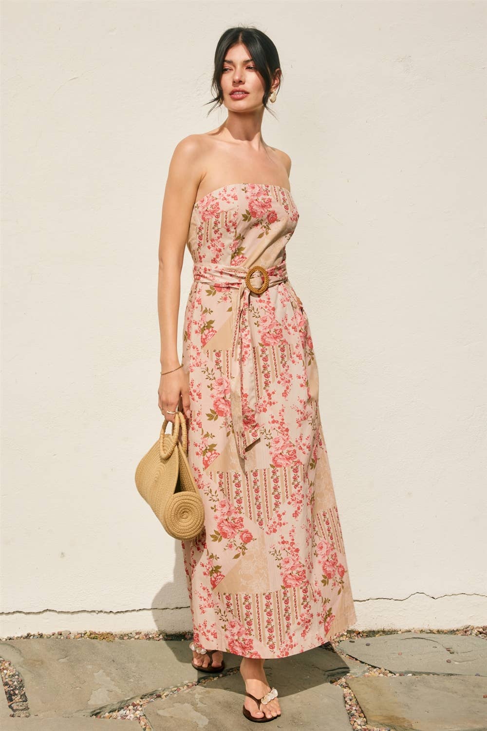 Floral Scarf Rattan Belt Strapless Maxi Dress