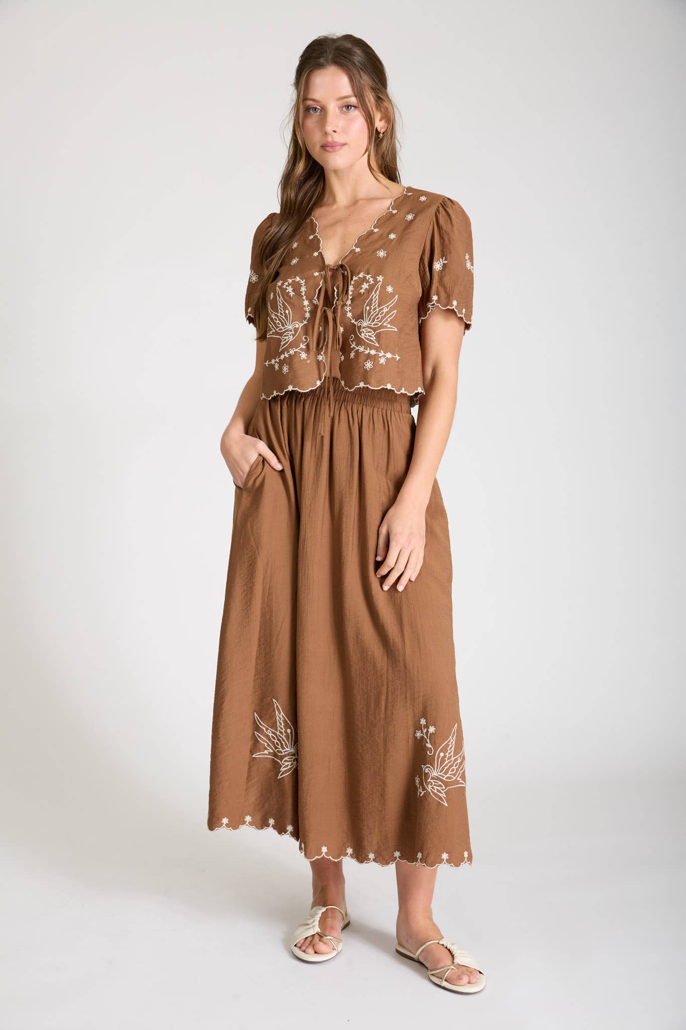 Embroidered Short Sleeve Front Tie Top