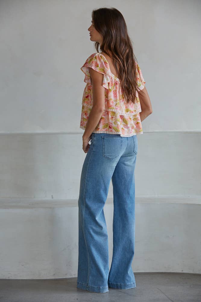 Woven Nylon Tencel Floral Print Short Sleeve Top