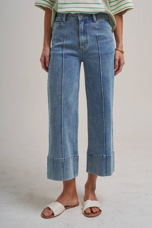 Mid Rise Stretch Denim Wide Leg Front Seamed Jeans