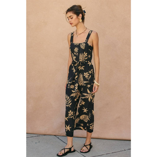 Tropical Print Square Neck Cropped Jumpsuit