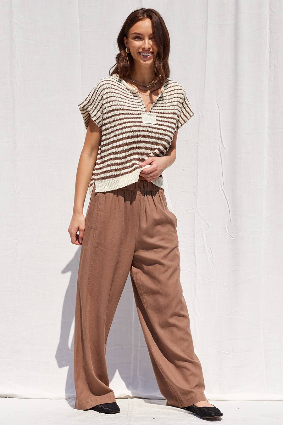 Mocha Wide Leg Baggy Fit Linen Pants