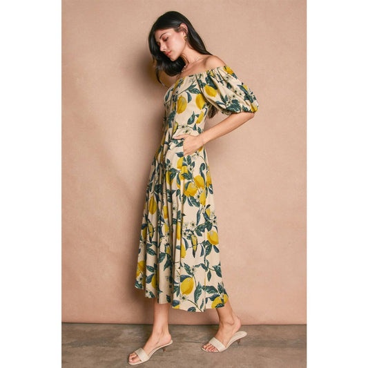 Vintage Lemonade Off The Shoulder Midi Dress