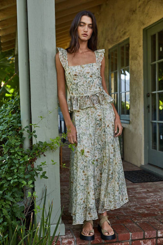 Woven Tencel Nylon Floral Print Ruffle Top