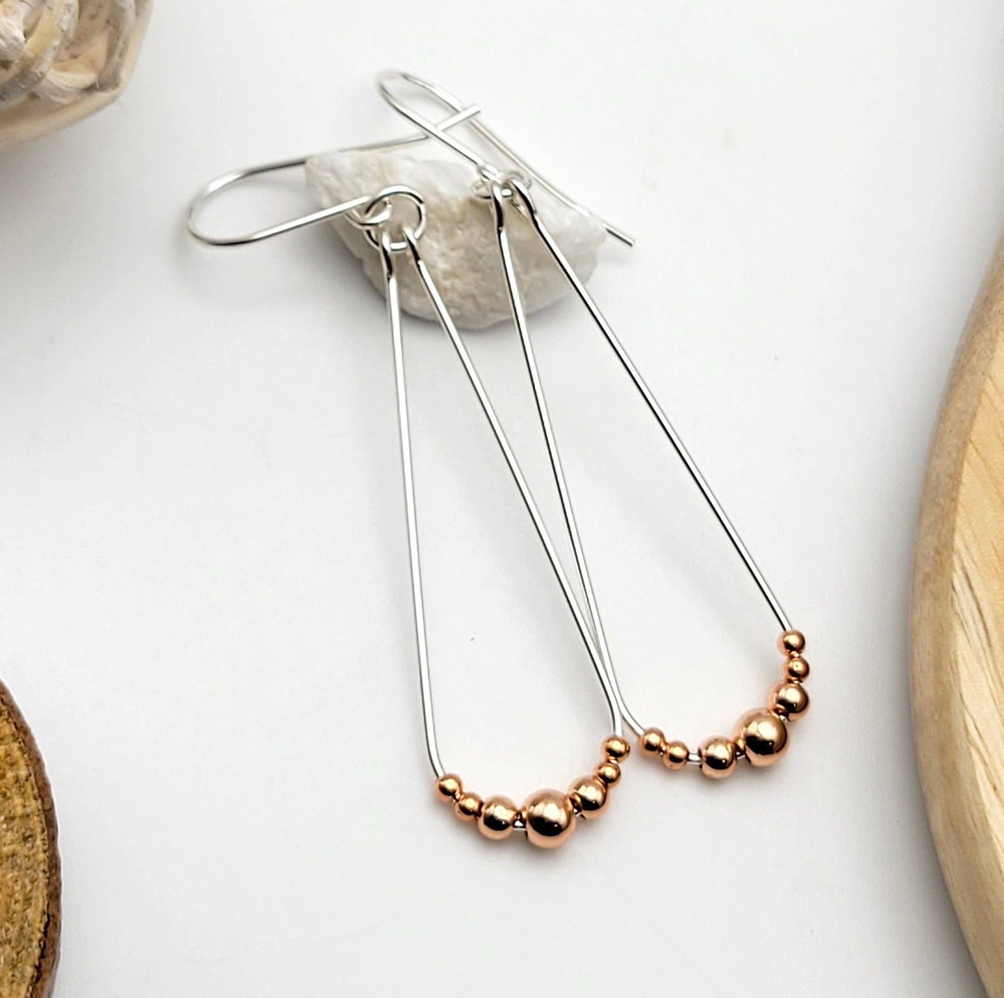 Long Sterling Silver and Copper Hoop Earrings