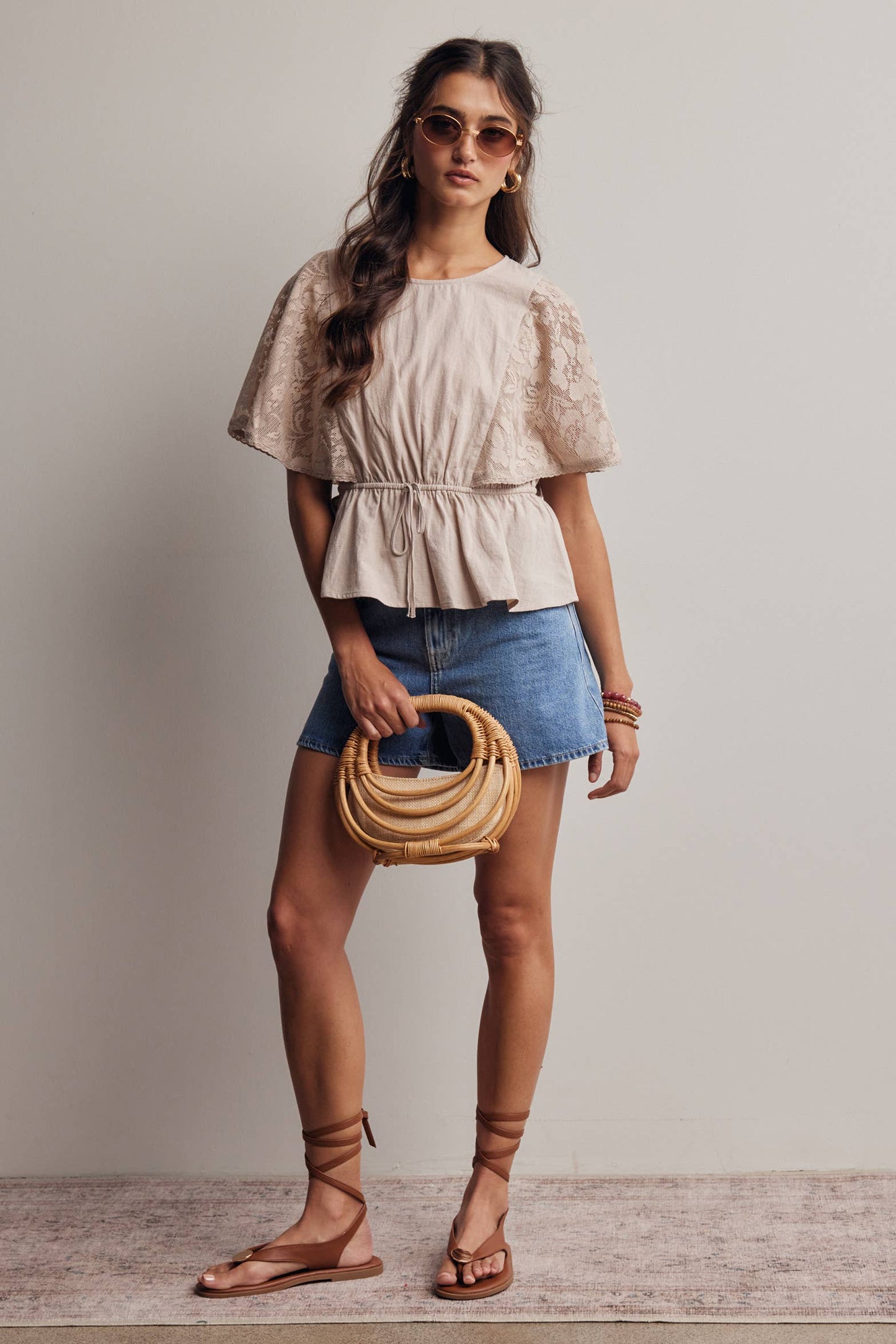 Lace Cape Sleeve Cotton Peplum Top