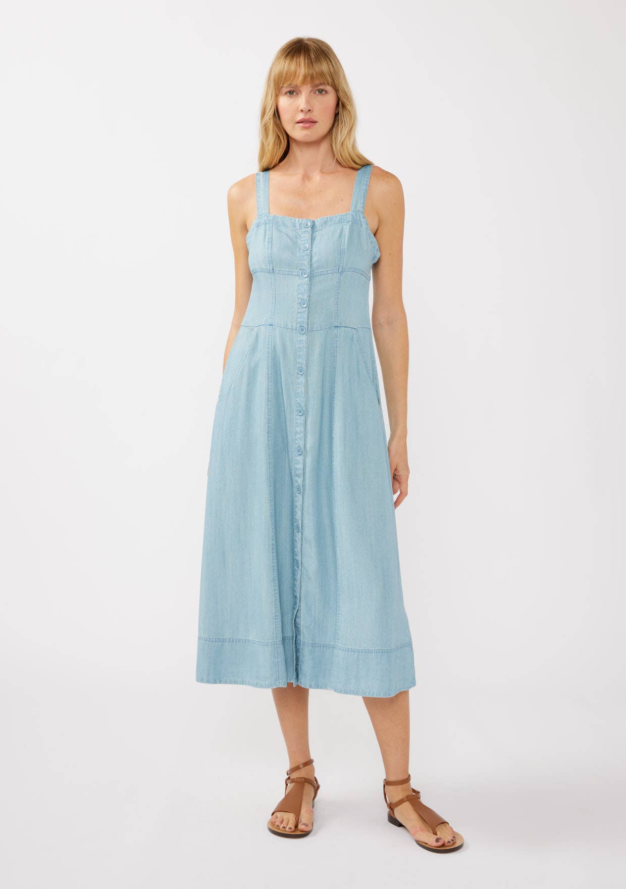 Square Neck Button Down Corset Midi Dress