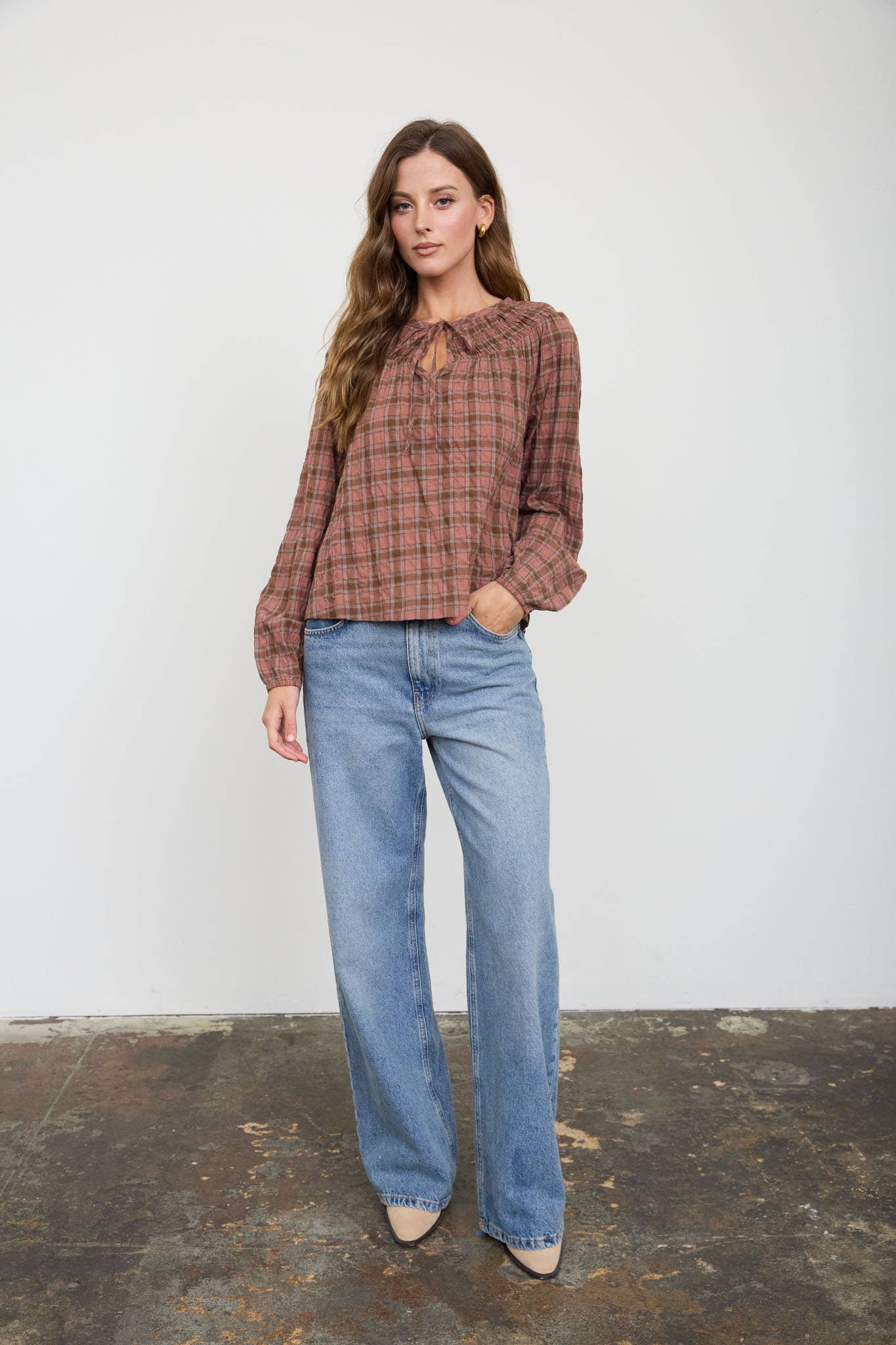 Plaid Shirred Yoke Long Sleeve Top