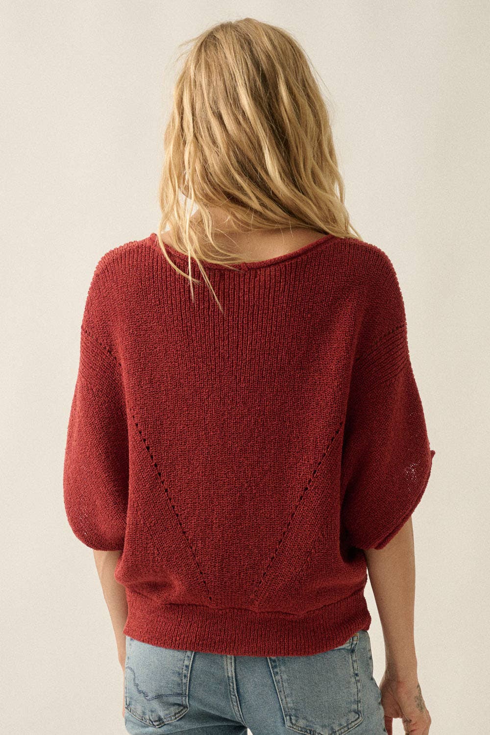 Short-Sleeve Pointelle Ribbed Knit Sweater
