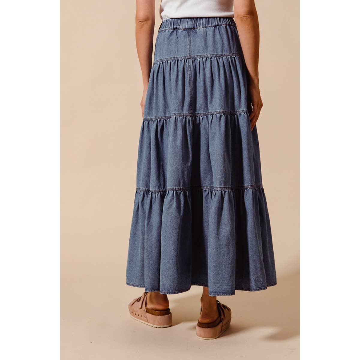 Shirred Denim Maxi Skirt