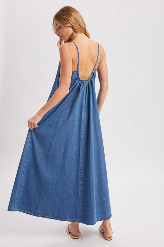 Midi Denim Open Back Dress