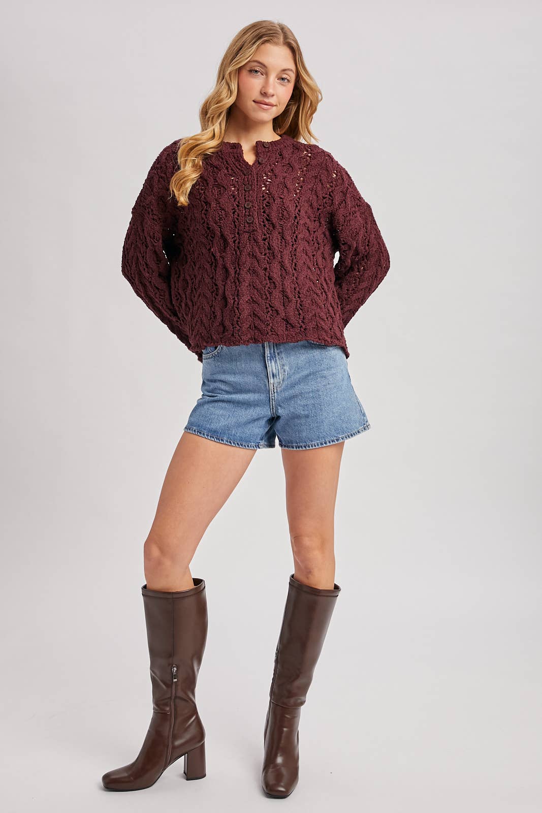 Wine Half Button Down Sweater
