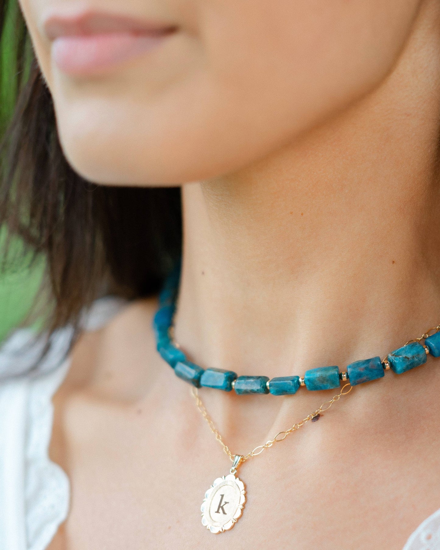 Pacific Blue Apatite Gemstone Beaded Necklace Gold Filled