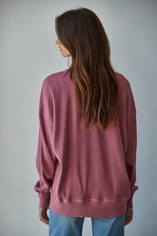 Knit Drop Shoulder Long Sleeve Top with Side Slits: Wine