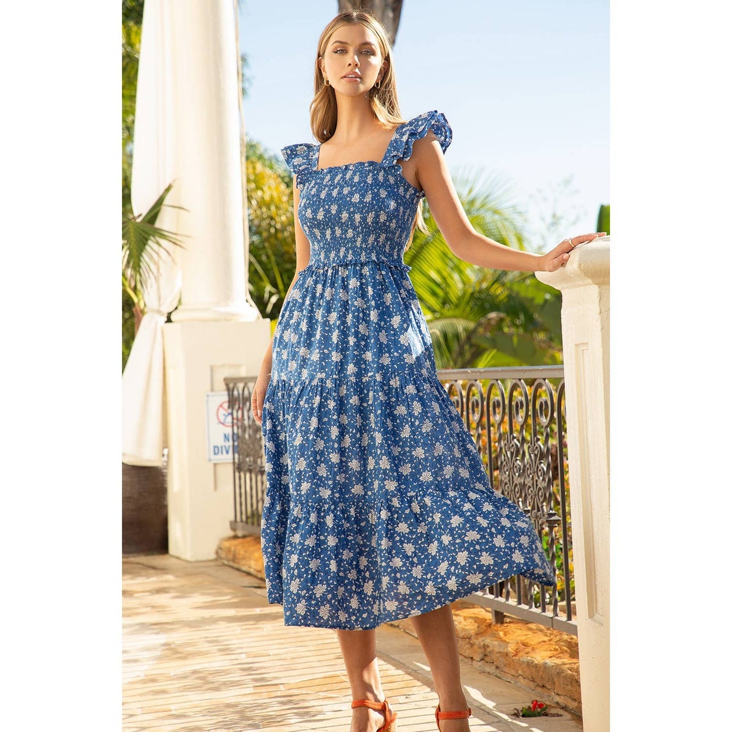 Smocked Tiered Flower Print Dress