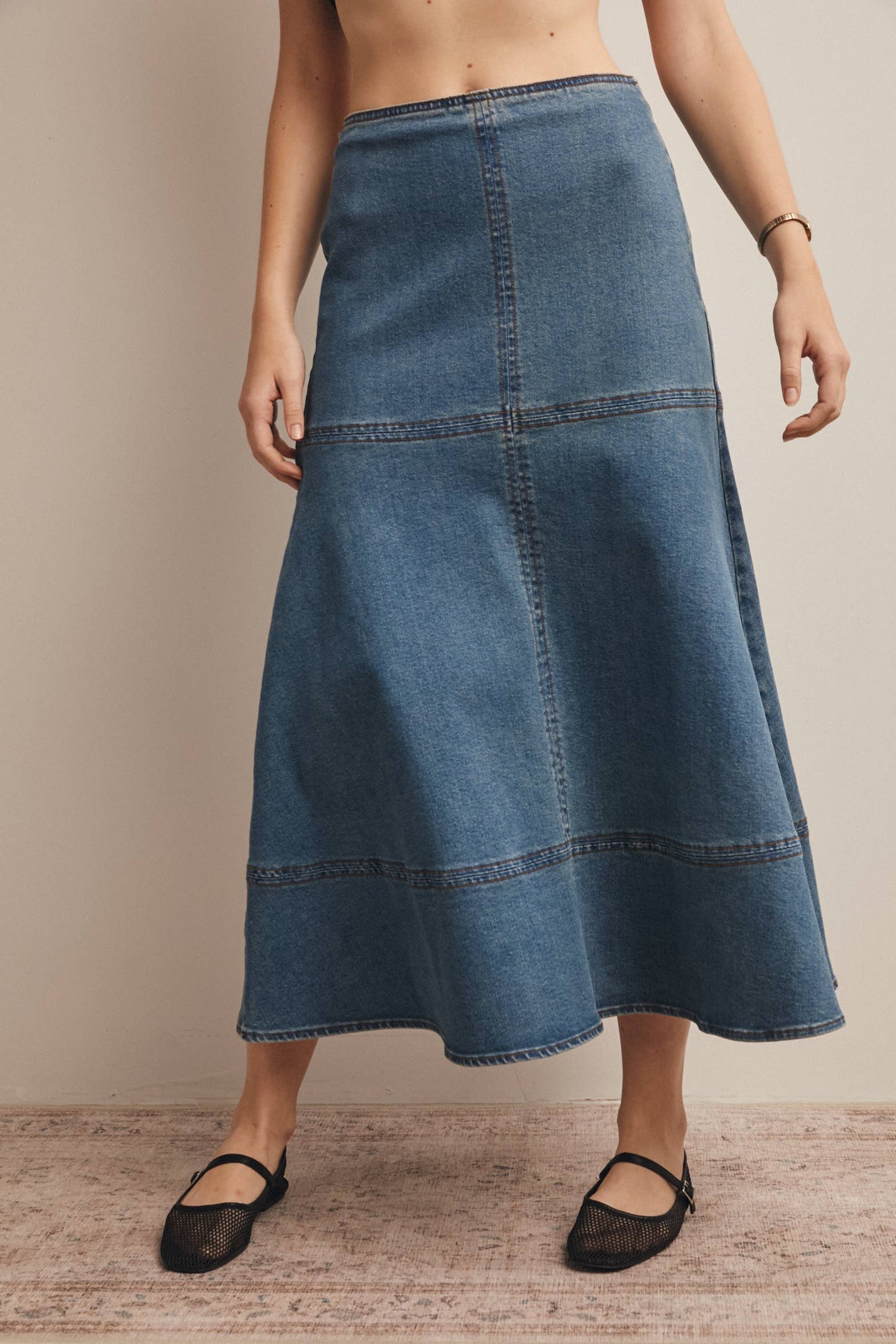 Panel Seam A-Line Denim Maxi Skirt
