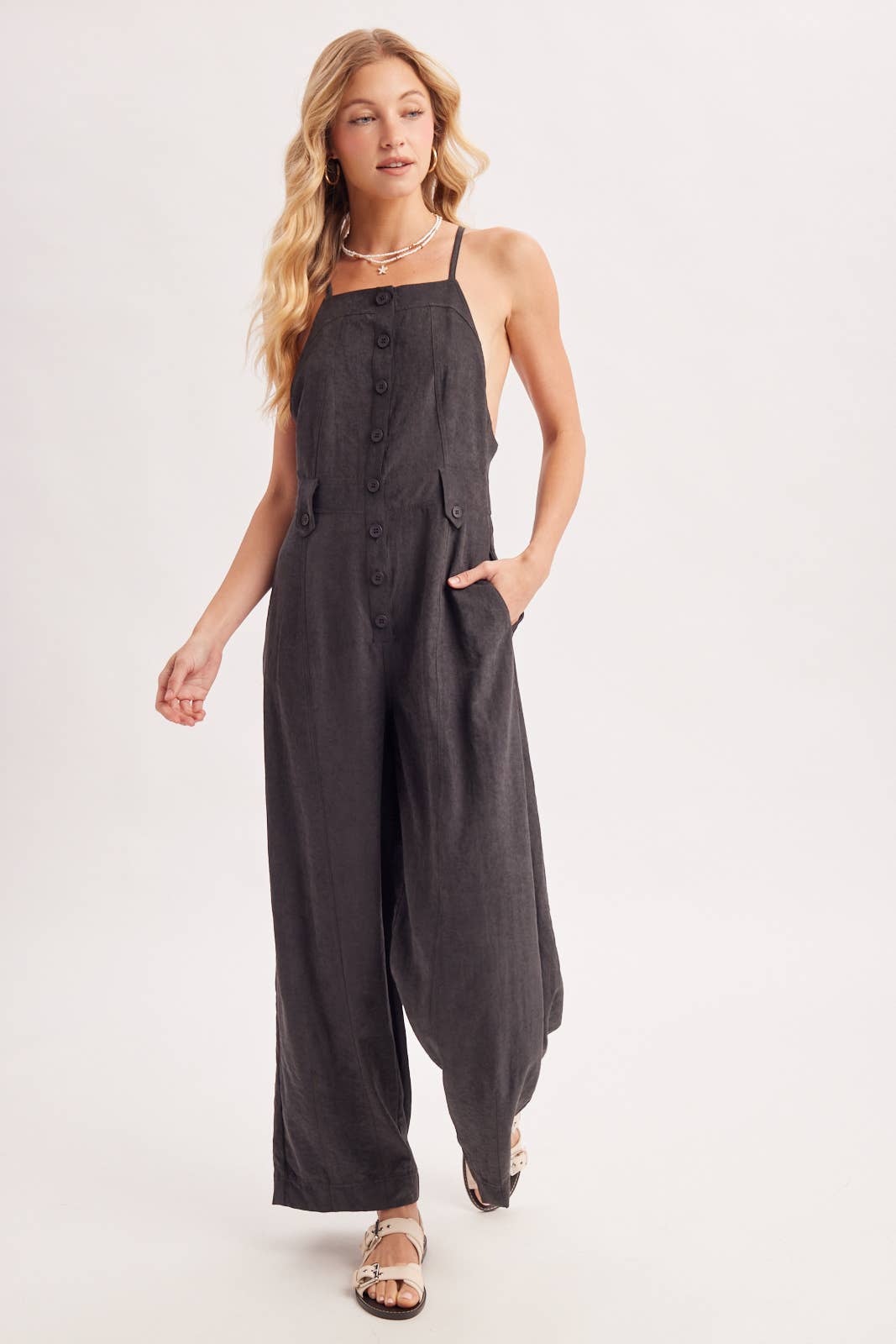 Button Down Apron Style Sleeveless Wide Leg Jumpsuit
