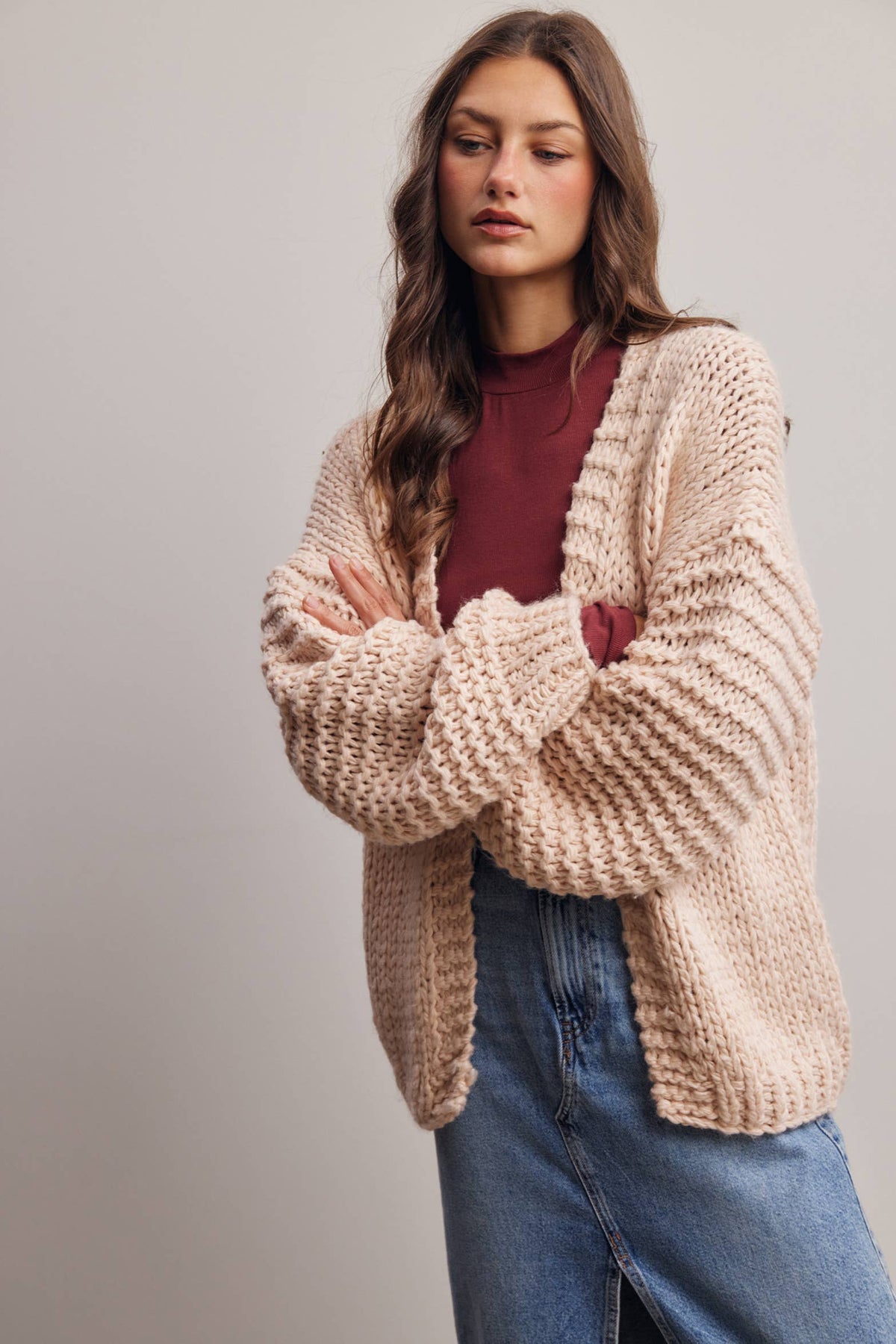 Chunky Knit Heart Back Cardigan in Blush