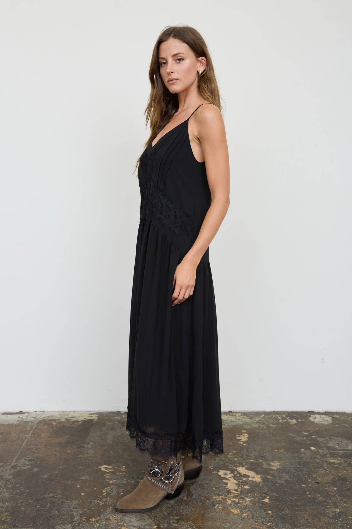 Drop Waist Lace Trim Midi Dress