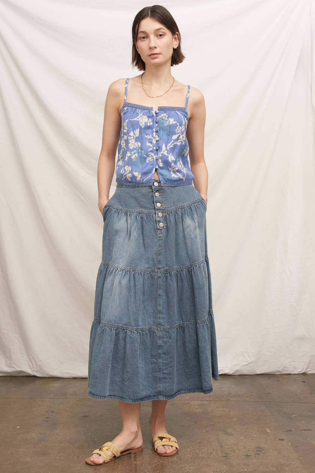 Printed Cami Top with Lace Trim and Sequin Detail
