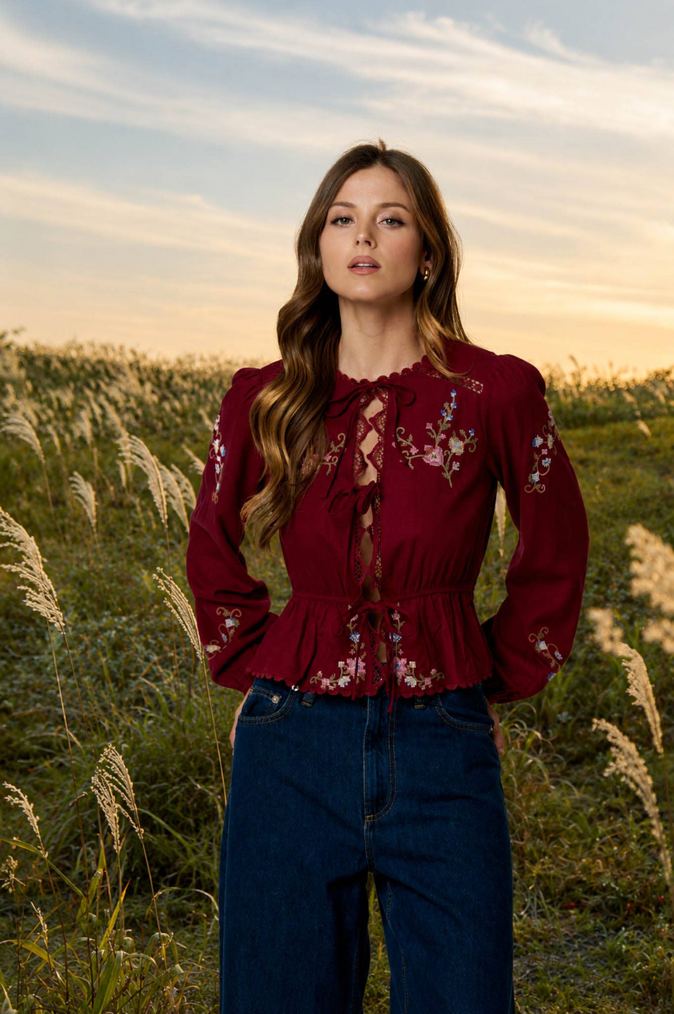Crochet Lace Trim Embroidered Top