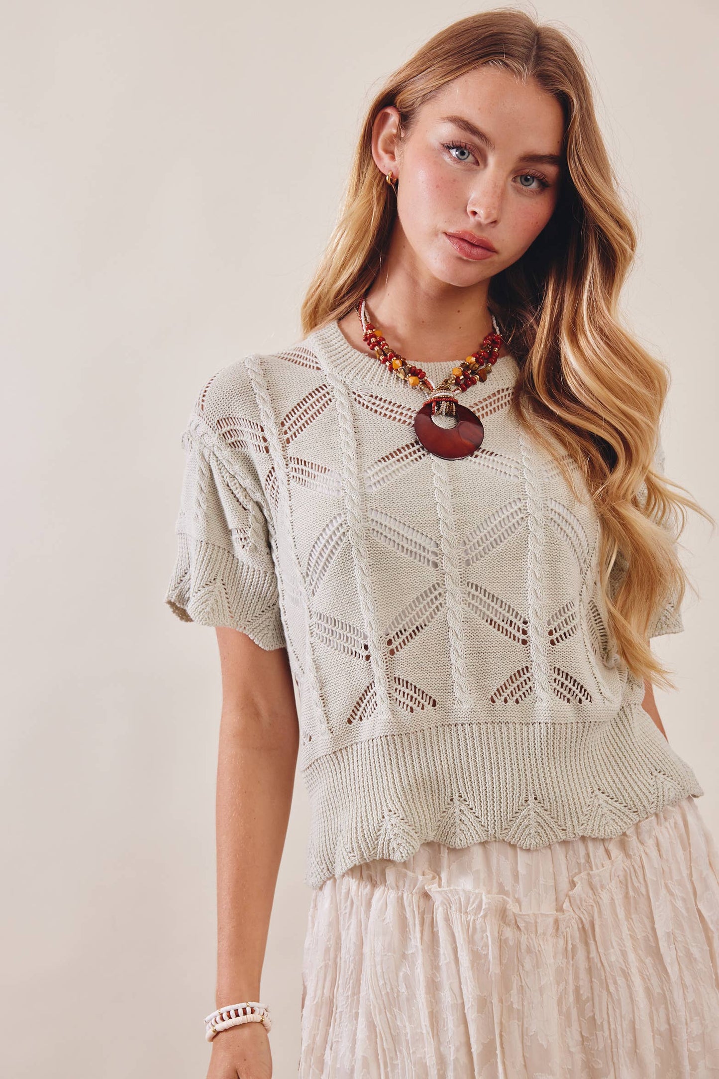 Pointelle Short Sleeve Knit Top