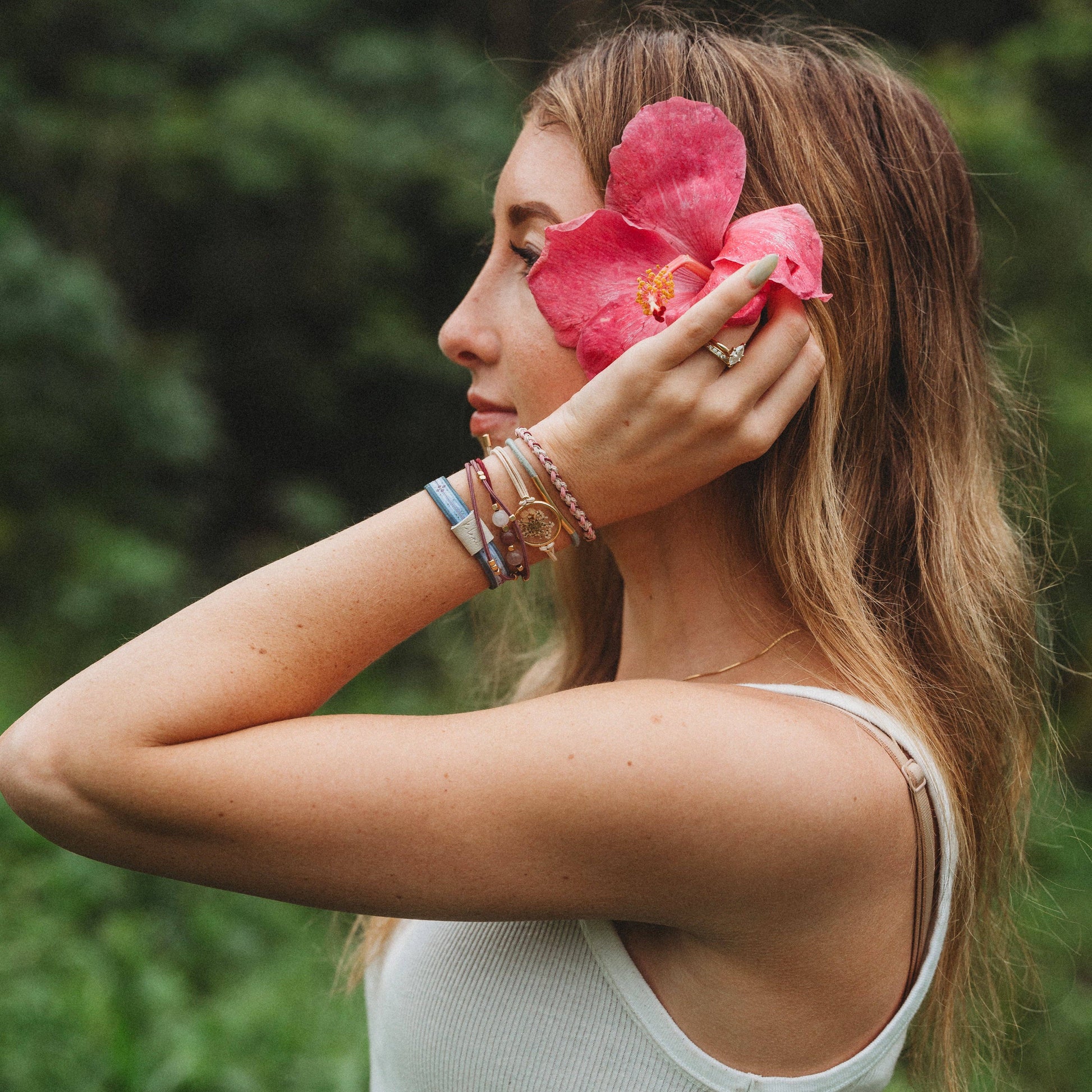 "Bloom" Maroon and Pink with Pressed Flowers Hair Tie Bracelets 