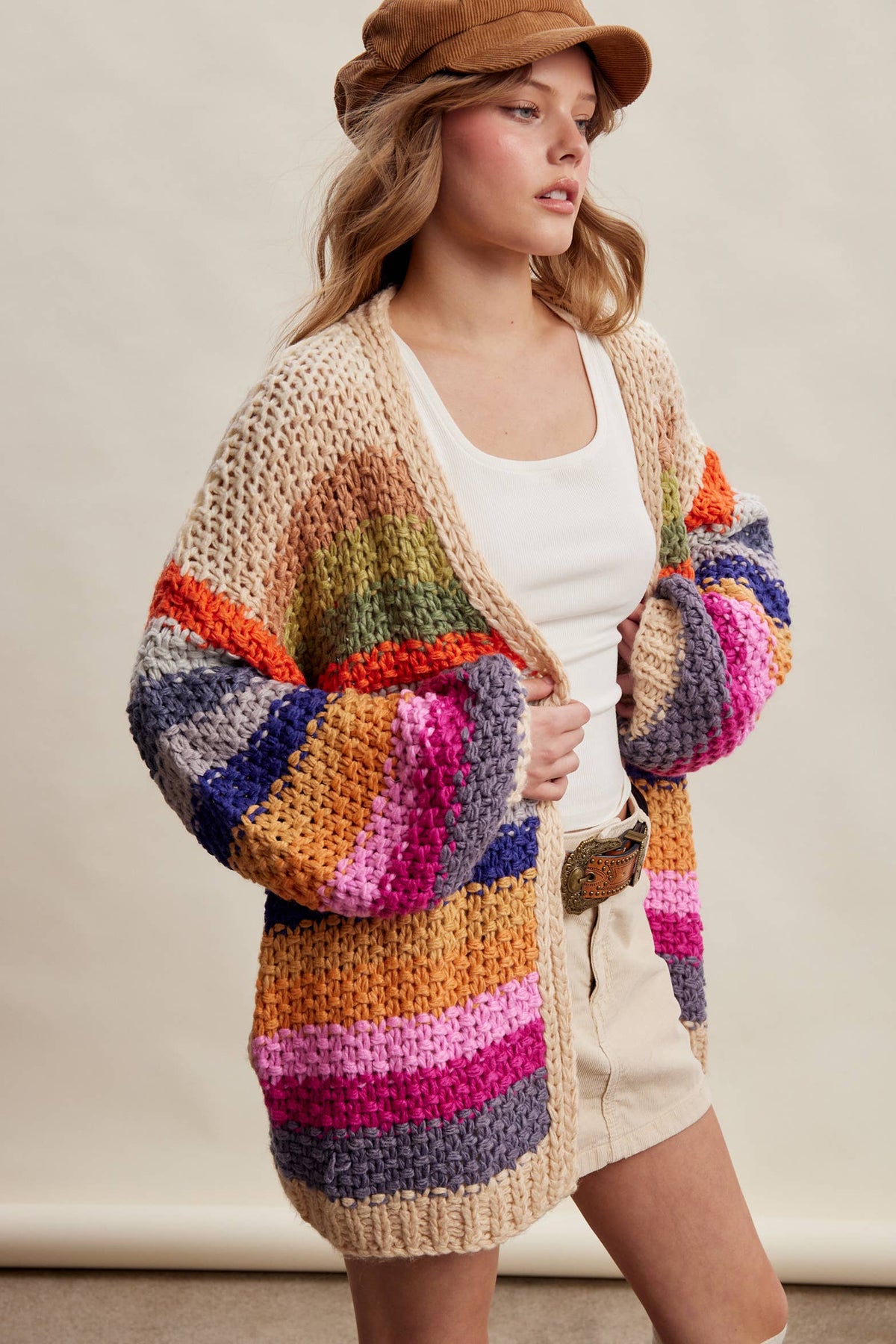 Rainbow Hand-Crochet Open Cardigan