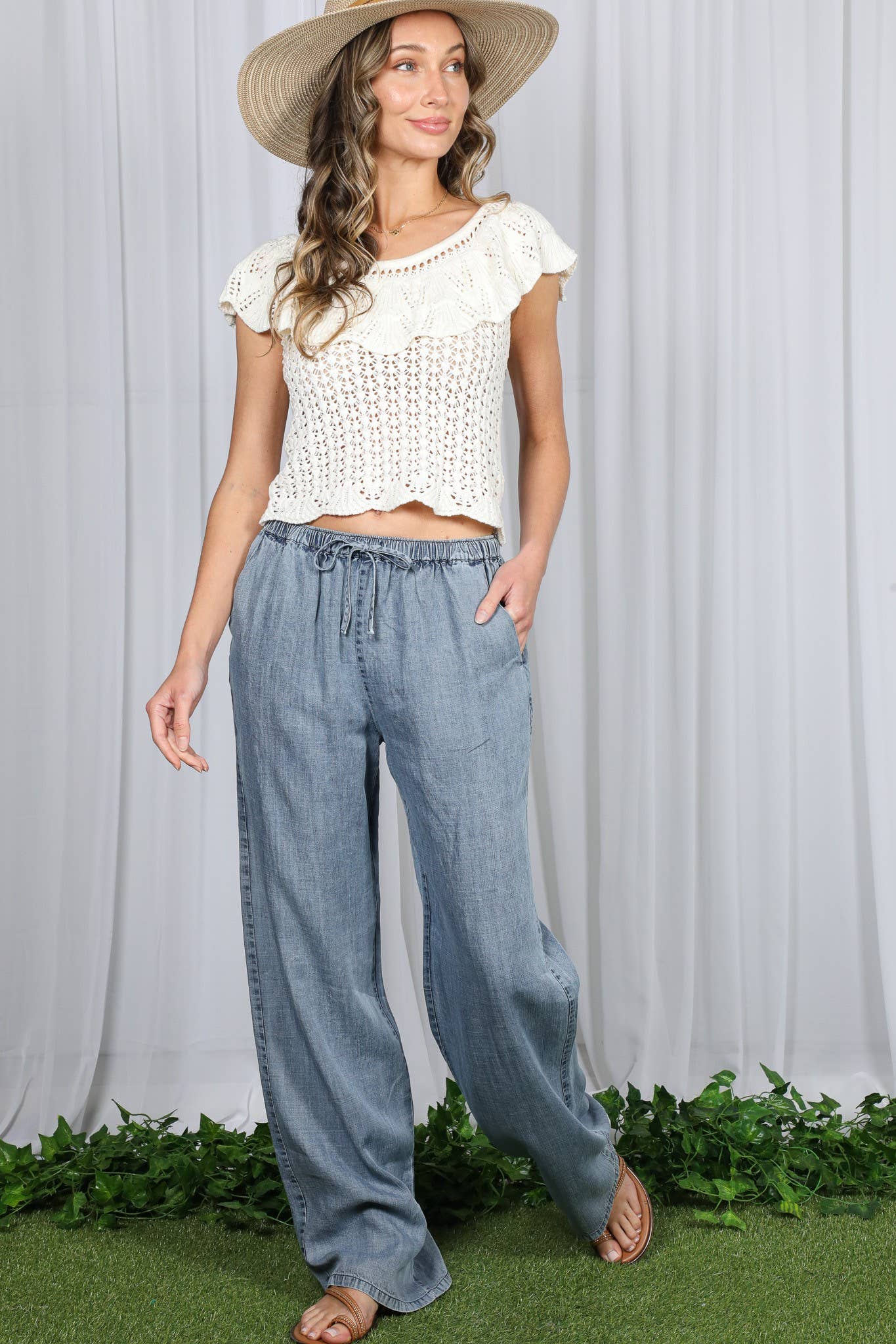 Casual Flowy Wide Leg Tencel Chambray Washed Pants