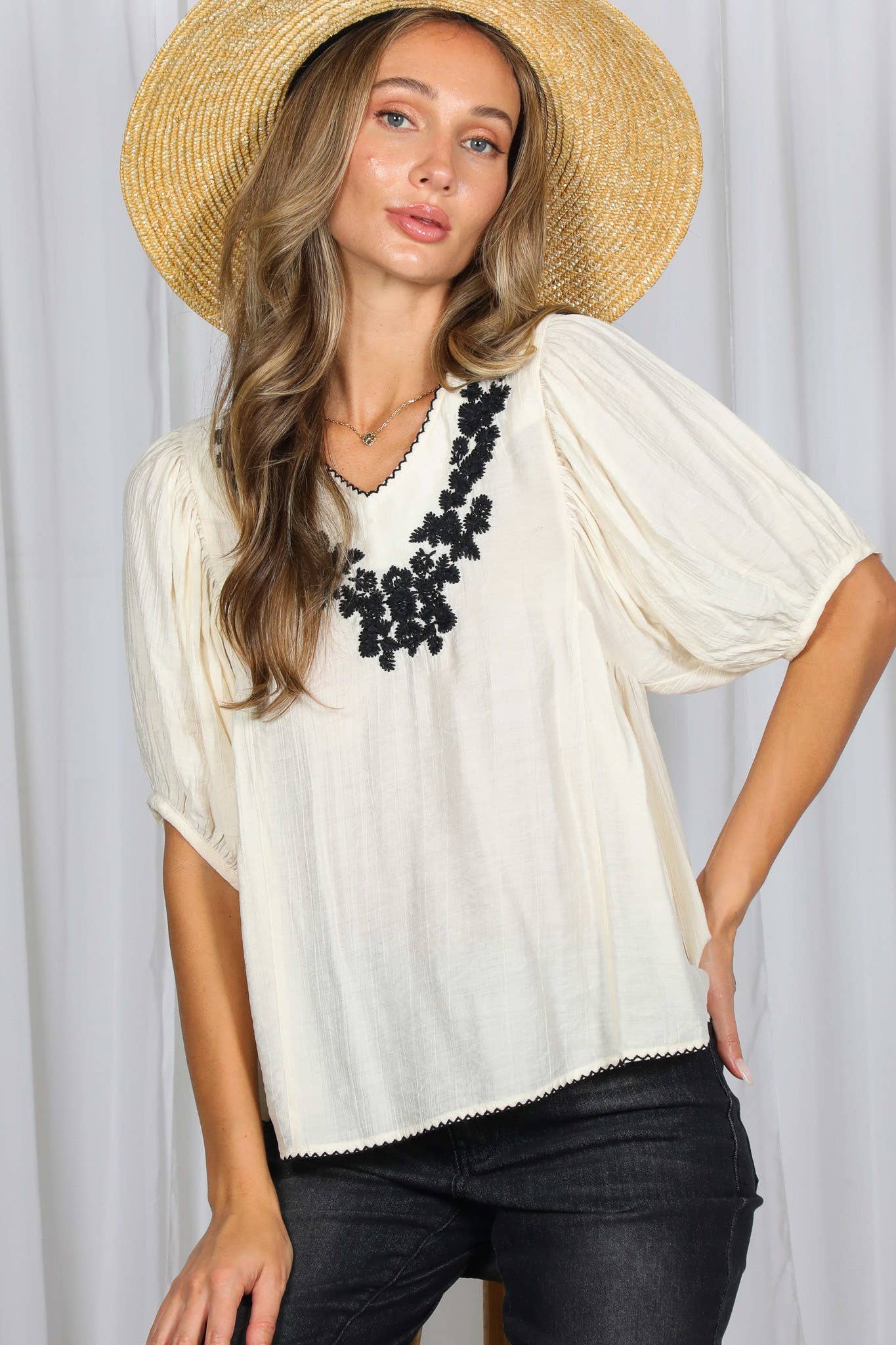 Boho Inspired V-Neck Floral Embellished Accent Top